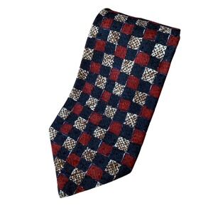 Ermenegildo Zegna 100% Silk Checkerboard Pattern Tie Burgundy Navy Black Gold